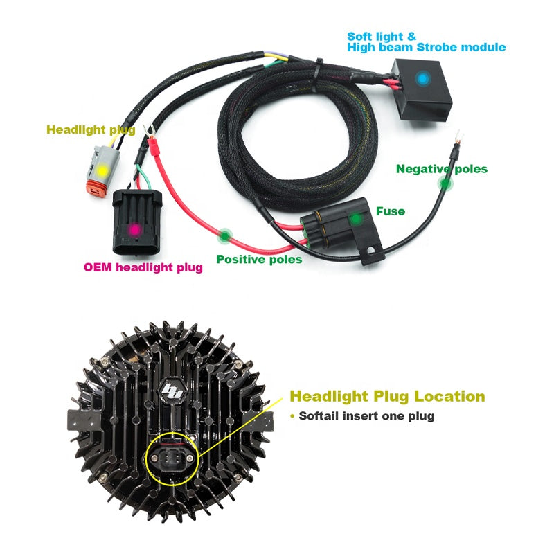 Baja LP6 Soft Light Headlight Wiring Harness and Bracket for HD Softail 18-later Fat Bob Motorcycles Perfect