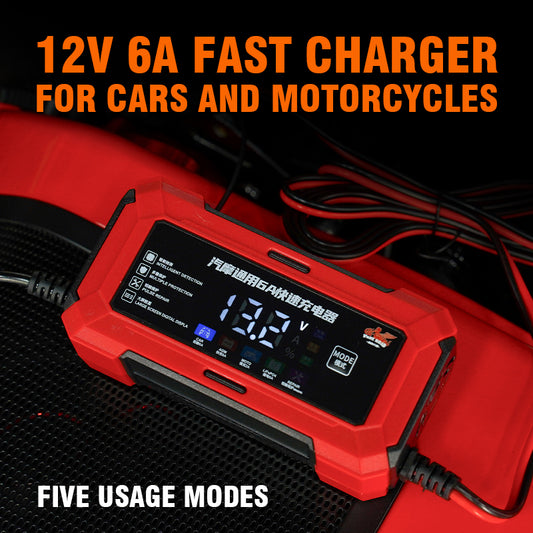 Free Road Model 1205002 12V 6A Universal Fast Charger for Car & Motorcycle Lithium and Lead-Acid Batteries Smart Maintenance