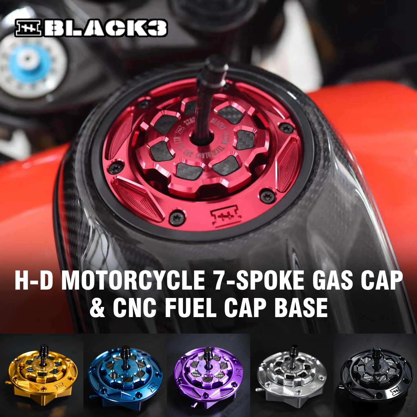 Black3 Aluminum Alloy 7-Spoke Gas Cap CNC Fuel Cap Base for H-D Touring Softail XL Sportster Dyna Motorcycle 121CVOST