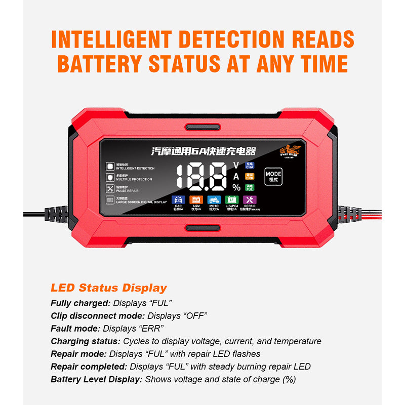 Free Road Model 1205002 12V 6A Universal Fast Charger for Car & Motorcycle Lithium and Lead-Acid Batteries Smart Maintenance